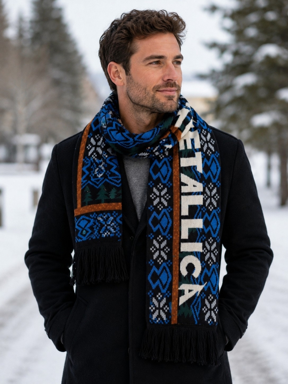 Metallica NWOT Blue & Black Knit Fringe Scarf - 58 Inch Long- 2 Sided Graphics